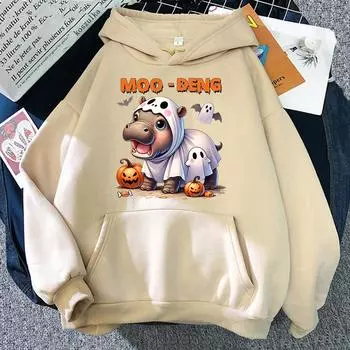 Смешной Хэллоуин Moo Deng Hoodie Fashion Unisex Harajuku Aesthetic Kawaii Hoodies Unisex Осень Зима Пуловер Толстовки Толстовка L