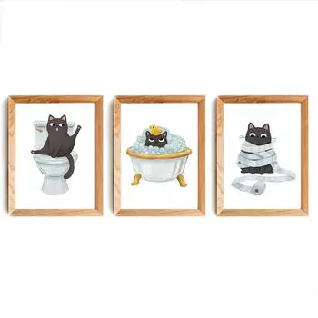 Смешной милый черный кот на унитазе иллюстрации плакаты холст картины кошки любитель настенное искусство картины принты для ванной комнаты домашний декор 21x30cm No Framed красный
