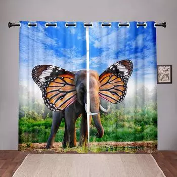 Смешной слон Креативное животное Ребенок Шахматная доска Оконные шторы Детская спальня Гостиная Холл Декор для кухни Драпировка W50 X H130(CM)X2&Hook