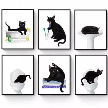 Смешной современный милый черный кот в ванной художественные постеры украшения холст картины и принты для ванной комнаты туалет гостиная декор 21x30cm No Framed