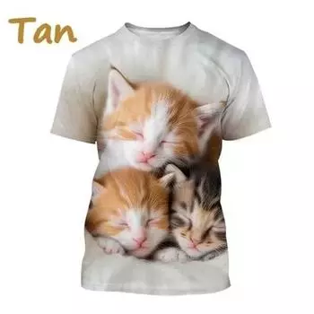 Смешные футболки для девочек, летний топ с короткими рукавами, мультяшные животные, кот, 3D-принт, 2025, одежда для девочек, модные повседневные футболки S