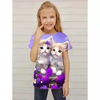 Смешные футболки для девочек, летний топ с короткими рукавами, мультяшные животные, кот, 3D-принт, 2025, одежда для девочек, модные повседневные футболки 110