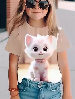 Смешные футболки для девочек, летний топ с короткими рукавами, мультяшные животные, кот, 3D-принт, 2025, одежда для девочек, модные повседневные футболки 110