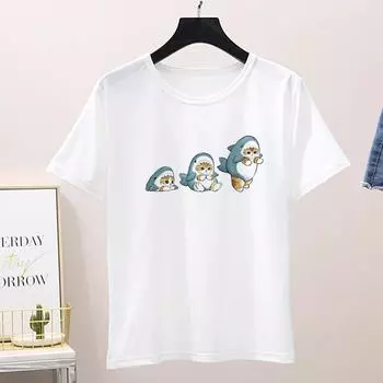 Смешные футболки для женщин Футболки с принтом в виде мультяшной акулы и кошки Топы Y2K Ropa De Mujer Harajuku Футболки Femme S