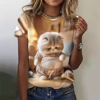 Смешные футболки с 3D-принтом толстого кота для женщин, милые футболки с принтом животных, топы, женская повседневная уличная одежда, одежда в стиле Харадзюку XXL