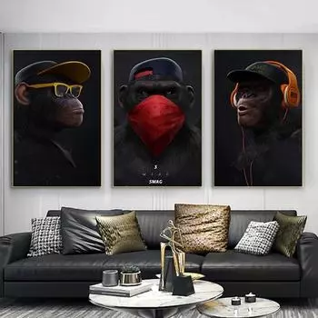 Смешные картины животных, картины на холсте с изображением горилл, настенные постеры, 3 умных обезьянки, рисунки, принты для гостиной, украшения дома, без рамки 21*30cm No Frame