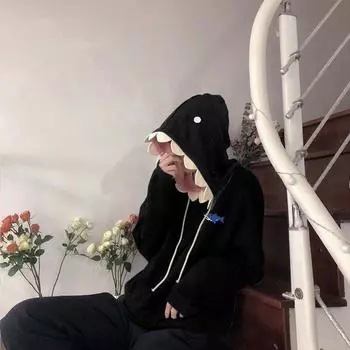 Смешные лоскутные худи с акулами женские осенние кавайные толстовки оверсайз 2021 повседневные пуловеры с длинным рукавом школьная одежда S чёрный