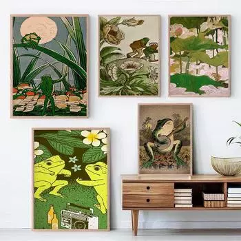 Смешные лягушки танцуют и поют винтажный постер художественный декор принты красочные настенные ретро японские растения холст картина декор комнаты 21x30cm No Framed