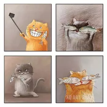 Смешные милые постеры с котом и рыбой, картины на холсте и принты, HD-юмористические картинки, настенное искусство для гостиной, домашнего офиса, безрамное 20x20cm No Framed