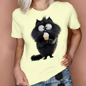 Смешные женские футболки из чистого хлопка, винтажные футболки больших размеров с принтом милого кота и короткими рукавами, модный свободный топ S
