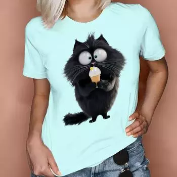 Смешные женские футболки из чистого хлопка, винтажные футболки больших размеров с принтом милого кота и короткими рукавами, модный свободный топ S