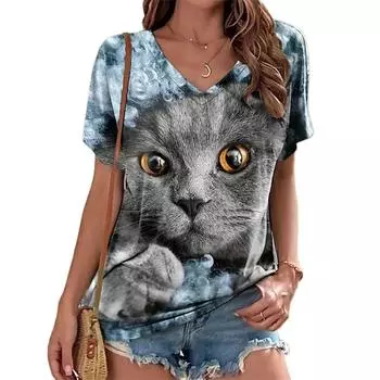 Смешные женские футболки с 3D-принтом, мультяшные модные топы с V-образным вырезом и коротким рукавом, модная повседневная уличная одежда больших размеров для женщин S