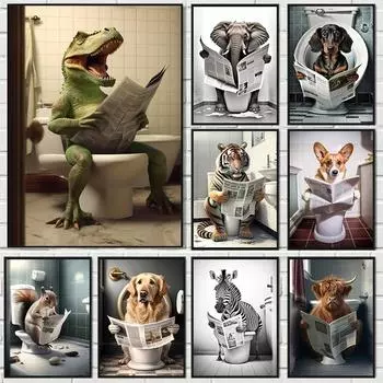 Смешные животные Картина на холсте Динозавр Тигр Собака Обезьяна читает газету Плакаты Настенные картины Ванная комната Туалет Домашний декор 21cm30cm NoFrame