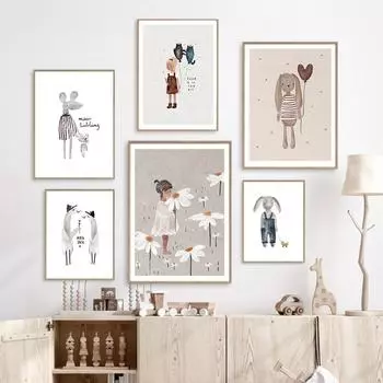 Смешные животные кролик гусь медведь кошка девочка цветок воздушный шар алфавит плакат принты настенное искусство холст картины для детской комнаты декор 21x30cm No Framed красный