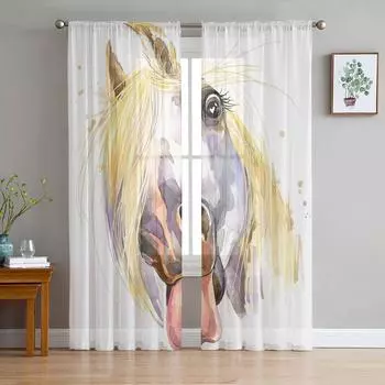 Смешные животные лошади современные шторы для гостиной прозрачные тюль занавески окна прозрачные для спальни аксессуары декор W135 x H114cm