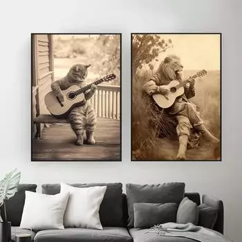 Смешные животные Винтаж Кот играет на гитаре Картина на холсте Ретро Лев Настенное искусство Картины на холсте Картины для украшения дома комнаты 21x30cm No Framed