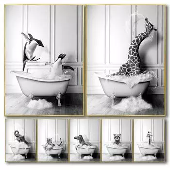Смешные животные ванная комната постер черный белый тигр пингвин слон декоративные картины холст настенное искусство картины декор комнаты скандинавский 21x30cm No Framed
