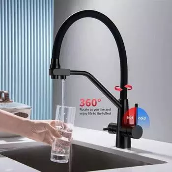 Смеситель для чистой воды для кухни 3 в 1, нержавеющая сталь, силиконовый смеситель для ванной комнаты, поворотный смеситель для мойки кухни с горячей и холодной водой 2in1 Faucet чёрный