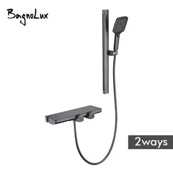 Смеситель для душа Gunmetal с подъемным рычагом, квадратный, ручной душ, полка для ванной комнаты, 2 функции, водопадный смеситель, горячий и холодный кран для ванной комнаты