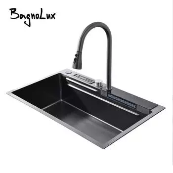 Смеситель для кухни Gunmetal 304 из нержавеющей стали с водопадом, большой однослотовый встроенный цифровой дисплей, кухонный кран