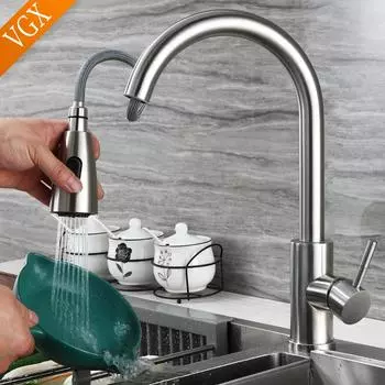 Смеситель для кухни VGX, кран для мойки с выдвижным изливом, смеситель для горячей и холодной воды на 360°, краны для раковины из нержавеющей стали 304, матовый черный F608-201