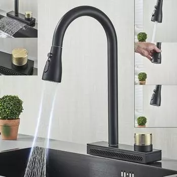 Смеситель для кухни, выдвижной кран, поворотный на 360°, смеситель для кухонной мойки, душа, нержавеющая сталь чёрный