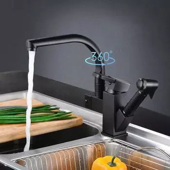 Смеситель для кухонной мойки, черный, настраиваемый на палубе, гибкий выдвижной смеситель, смеситель для горячей и холодной воды, пружинный излив, хромированный, серебристый смеситель