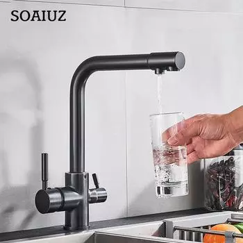 Смеситель для очистки «три в одном» Гальванический смеситель для кухонного фильтра для смешанной воды из черного золота