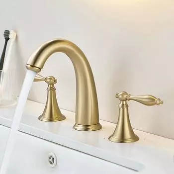 Смеситель для раковины Brush Gold, латунный смеситель для ванной комнаты, черный, широко расставленный, смесители для раковины с 3 отверстиями, водопадный кран, водопроводный кран