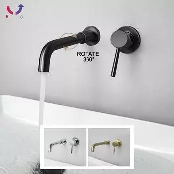 Смеситель для раковины, матовый черный латунный смеситель для ванной комнаты, настенный, поворотный на 360 градусов, современный, с одной ручкой, для горячей и холодной воды