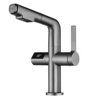 Смеситель для раковины с ЖК-дисплеем и цифровым дисплеем, выдвижной смеситель для раковины, горячий и холодный смеситель для кухни и ванной комнаты, латунный смеситель для раковины, крепление на палубу серебряный