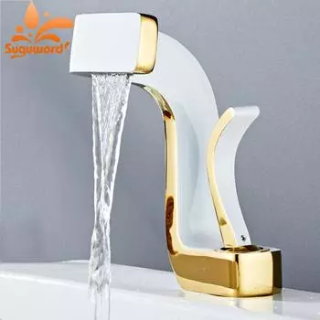 Смеситель для раковины, смеситель для ванной комнаты с водопадом, латунный смеситель с одной ручкой и одним отверстием для холодной и горячей воды, кран для мойки белого золота