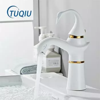 Смеситель для раковины Tuqiu, золотой и белый, лебедь, латунный, черный, смеситель для ванной комнаты, смеситель для раковины, смеситель для горячей и холодной воды чёрный