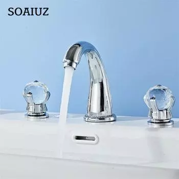 Смеситель для раковины в ванной, черный смеситель для раковины, латунный золотой смеситель, смеситель для раковины в ванной комнате, 3 отверстия, хрустальная ручка, кран для горячей и холодной воды золотой