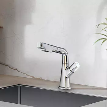 Смеситель для раковины в ванной комнате, выдвижной душ, модный кухонный кран для общежития серебряный