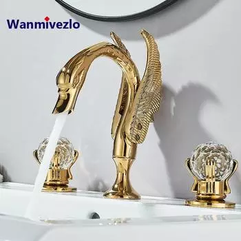 Смеситель для раковины Wanmivezlo Gold Swan, роскошный смеситель для ванной комнаты с двумя ручками из хрусталя, смеситель для холодной и горячей воды золотистый
