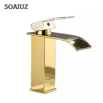 Смеситель для умывальника с водопадом, черный, горячий и холодный, полностью медный, для ванной, унитаза, для умывальника, для ванной комнаты, дома золотой