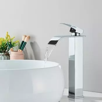 Смеситель для ванной комнаты с водопадом, хромированный высокий водопад с одной ручкой, смеситель для холодной и горячей воды, смеситель для туалетного столика с водопадом серебряный