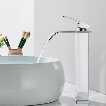Смеситель для ванной комнаты с водопадом, хромированный высокий водопад с одной ручкой, смеситель для холодной и горячей воды, смеситель для туалетного столика с водопадом серебряный