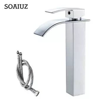 Смеситель для ванной комнаты с водопадом из матового никеля, современный керамический смеситель для раковины с одной ручкой и сердечником клапана со шланговой пластиной (Высокий стиль) серебряный