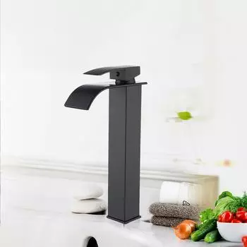 Смеситель-водопад, смеситель для раковины в ванной комнате, латунный смеситель для раковины, высокий однорычажный смеситель для горячей и холодной воды чёрный