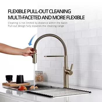 Смесители для кухни из матового золота, латунный смеситель для кухонной мойки, однорычажный, выдвижной, с пружинным изливом, горячая и холодная вода 1036