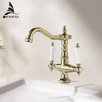 Смесители для раковины, золотые латунные смесители для ванной комнаты, индустриальный стиль, однорычажный смеситель с двумя ручками, современный водопроводный кран 85537