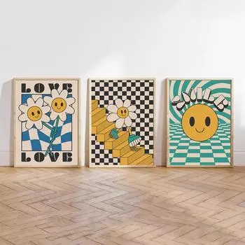 Смеющиеся Улыбающиеся Цветы Мультфильм Плакат Ретро Заводной Стиль 70-х Настенные Картины Модный Хиппи Картина На Холсте Декор Гостиной 21x30cm No Framed