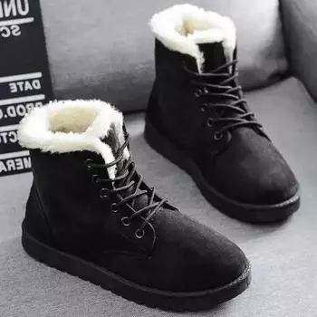 Smile Pop Winter New Flat Snow Boots Comfortable Warm Velvet Plush Cotton Shoes Round Toe Snow Boots Lace-up Short Boots Women 36 чёрный