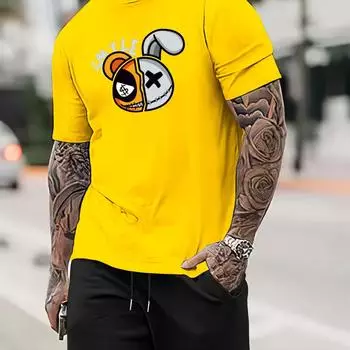 Мужской повседневный комплект из 2 предметов: футболка с коротким рукавом и шорты с креативным принтом «Улыбающийся медведь и кролик» S