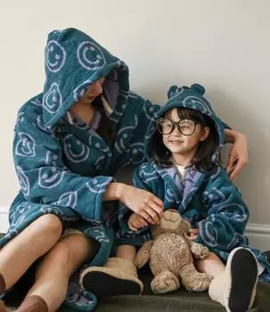 Smiling Face Retro Parent-Child Bathrobe Refined Sparse Long-Staple Cotton Bathrobe Cotton Yarn-Dyed Long-Staple Cotton Bathrobe Children s M фиолетовый