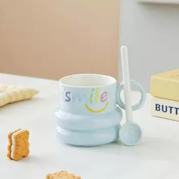 Smiling Mug with Smiling Face Spoon High looking Girl Water Cup Ceramic Milk Cup Student Breakfast Cup Coffee Cup 400ml