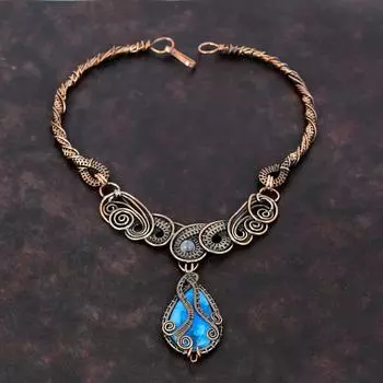 Смитсонитовое ожерелье, ювелирные изделия из медной проволоки, ожерелье из настоящего драгоценного камня, медное ожерелье ручной работы, проволочная обмотка, ожерелье из радужного лунного камня