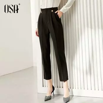 Smoke Tube OSHA High Waist Casual Thin Ankle-Length Suit Pants Black-Bud waist L